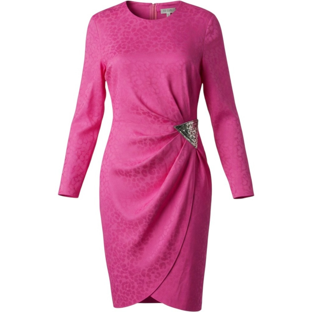 Argenti‎ Vintage 100% Silk Hot Pink Midi Dress Size 14 Bead Embroidered